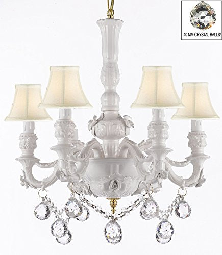 Authentic Capodimonte White Porcelain Chandelier Lighting Chandeliers Made in Italy, Good for Dining Room, Kids & Girls Bedrooms w/ Roses & Flowers Speciality item, W/ Crystal Balls With White Shades - GB102-SC/WHITESHADE/B52/B6/WHITE/435/6