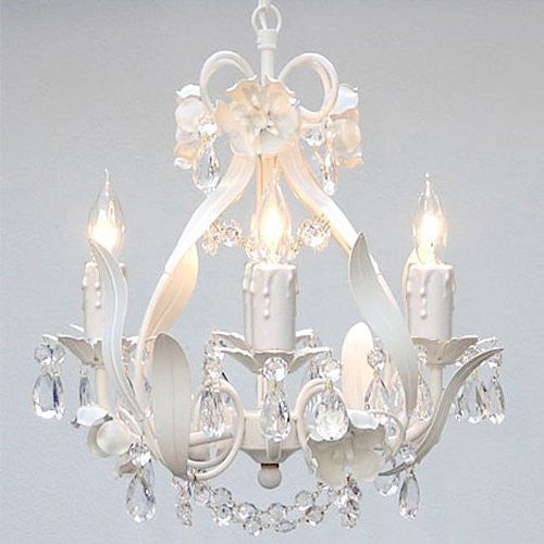 Swarovski Crystal Trimmed Chandelier Wrought Iron Floral Chandelier Crystal Flower Chandeliers Lighting H15" X W11" - J10-White/Cl/26027/4Sw