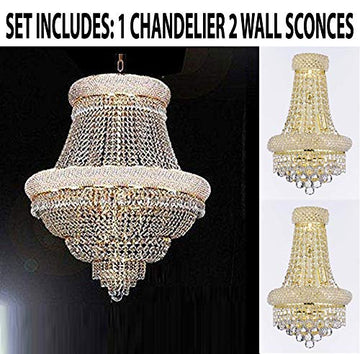 Set of 3-1 French Empire Crystal Chandelier Lighting H33 X W30 and 2 Empire Empress Crystal(Tm) Wall Sconce Lighting W 12" H 17" - B92/CG/448/21 + C121-1800W12SG A500-