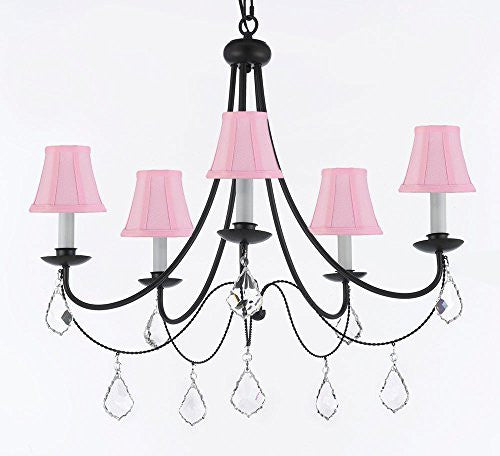 Empress Crystal (Tm) Wrought Iron Chandelier Lighting H.22.5" X W.26" With Pink Shades - J10-Sc/Pinkshades/B7/26031/5