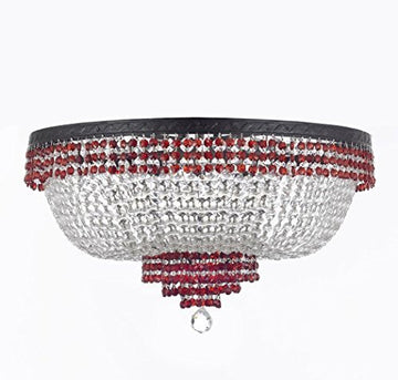 French Empire Crystal Flush Chandelier Chandeliers Lighting Trimmed with Ruby Red Crystal With Dark Antique Finish! H21" X W30" Good for Dining Room, Foyer, Entryway, Family Room and More! - A500-B75/CB/FLUSH/870/14