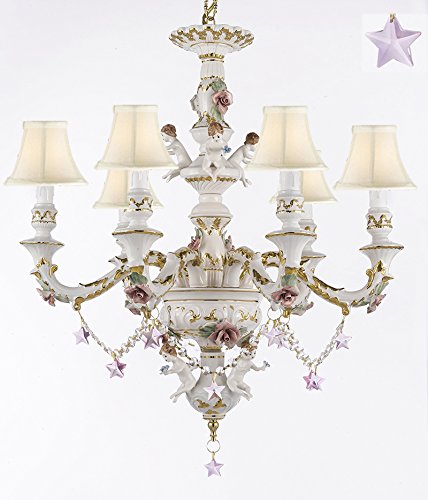 Authentic Capodimonte Porcelain Chandelier Lighting w/ Cherub Angels W/ Pink Stars W/ White Shades Made in Italy Good for Dining Room, Kids & Girls Bedrooms 24K Gold Trimmed w/ Roses & Flowers - GB102-SC/WHITESHADES/B38/119/6