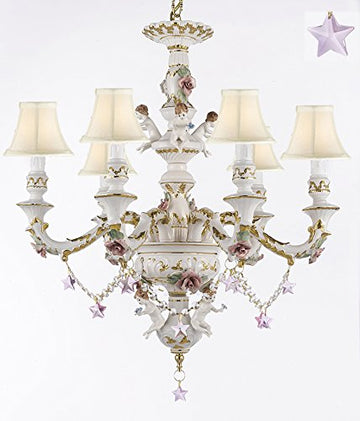Authentic Capodimonte Porcelain Chandelier Lighting w/ Cherub Angels W/ Pink Stars W/ White Shades Made in Italy Good for Dining Room, Kids & Girls Bedrooms 24K Gold Trimmed w/ Roses & Flowers - GB102-SC/WHITESHADES/B38/119/6