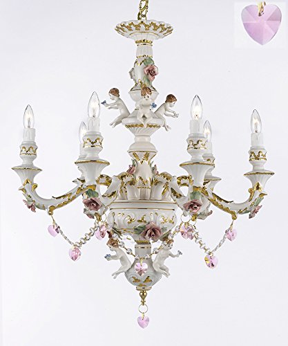Authentic Capodimonte Porcelain Chandelier Lighting w/ Cherub Angels W/ Pink Hearts Made in Italy Good for Dining Room, Kids & Girls Bedrooms 24K Gold Trimmed w/ Roses & Flowers-Limited Stock - GB102-B21/B52/119/6