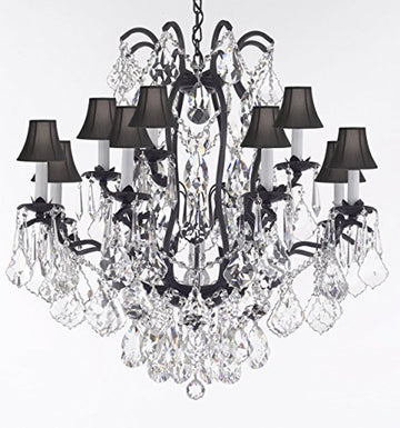 Wrought Iron Crystal Chandelier Lighting Dressed With Diamond Cut Crystal Good For Dining Room Foyer Entryway Family Room Bedroom Living Room And More H 30" W 28" 12 Lights - A500-B91/Blackshades/3034/8+4Dc