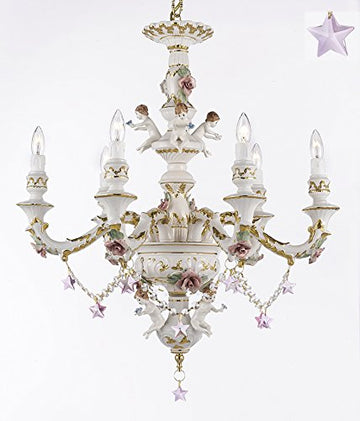 Authentic Capodimonte Porcelain Chandelier Lighting w/ Cherub Angel W/ Pink Stars Made in Italy Good for Dining Room, Kids & Girls Bedrooms 24K Gold Trimmed w/ Roses & Flowers-Limited Stock Available - GB102-B38/B52/119/6
