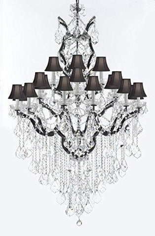 19th C. Baroque Iron & Crystal Chandelier Lighting H 64" W 41" - Dressed With Large, Luxe Crystals! Good for Dining room, Foyer, Entryway, Living Room, Family Room! w/ Black Shades - G83-B12/B89/996/25DC-BlackShades