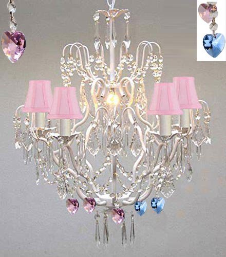 Wrought Iron & Crystal Chandelier Authentic Empress Crystal(Tm) Chandelier Lighting Chandeliers With Blue And Pink Hearts Nursery Kids Girls Bedrooms Kitchen Etc. With Pink Shades - J10-Pinkshades/White/B85/B21/C/26025/5