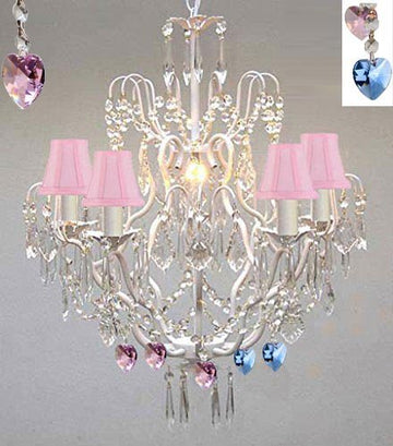 Wrought Iron & Crystal Chandelier Authentic Empress Crystal(Tm) Chandelier Lighting Chandeliers With Blue And Pink Hearts Nursery Kids Girls Bedrooms Kitchen Etc. With Pink Shades - J10-Pinkshades/White/B85/B21/C/26025/5