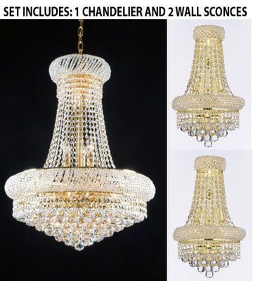 Set Of 3 - 1 French Empire Crystal Chandelier H32" X W24" - Good For Dining Room Foyer Entryway Family Room And More And 2 Empire Empress Crystal (Tm) Wall Sconce W12" H17" - 1Ea 542/15 + 2Ea C121-1800W12SG A500-