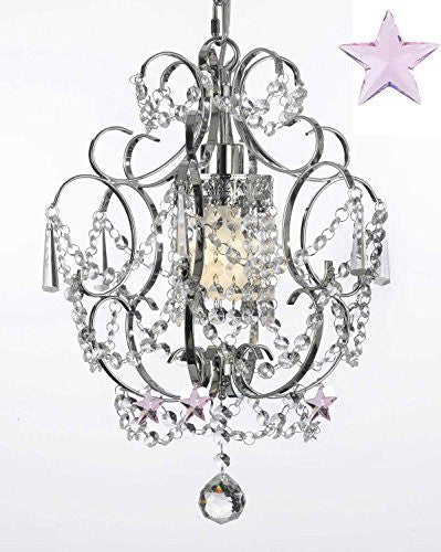 Chrome Crystal Chandelier Lighting With Pink Crystal Stars H 15" W 11.5" - J10-B38/26019/1
