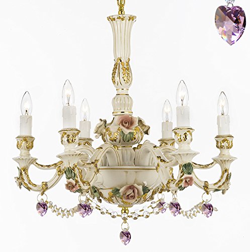 Authentic Capodimonte Porcelain Chandelier Lighting Chandeliers Made in Italy, 24K Gold Trimmed w/ Roses & Flowers Trimmed with Spectra Crystal - Reliable Crystal Quality By Swarovski - GB102-B52/B21/435/6SW