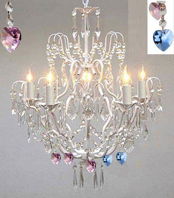 Wrought Iron & Crystal Chandelier Authentic Empress Crystal(Tm) Chandelier Lighting Chandeliers With Blue And Pink Hearts Nursery Kids Girls Bedrooms Kitchen Etc. - J10-White/B85/B21/C/26025/5