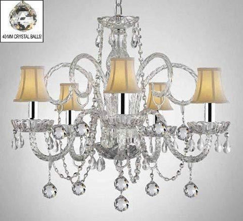 CRYSTAL CHANDELIER WITH WHITE SHADES & CRYSTAL BALLS W/CHROME SLEEVES! - A46-B43/B6/WHITESHADES/385/5