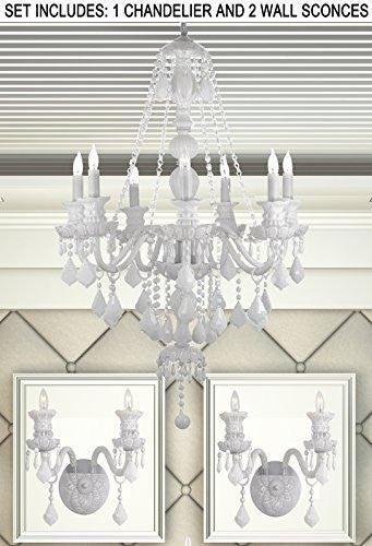 Three Piece Lighting Set - Snow White Crystal Chandelier And 2 Wall Sconces - 1Ea White/Sm490/7 + 2Ea White/2/490