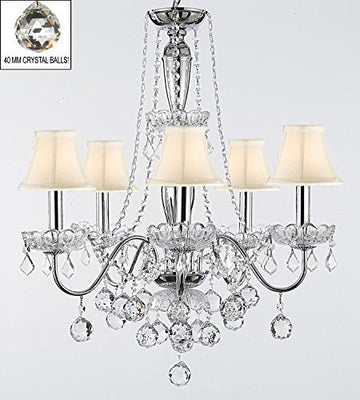 Elegant 5 Light Crystal Chandelier Pendant Lighting Fixture Light Lamp With White Shades And Crystal Balls - J10-Sc/Whiteshades/B6/26017/5