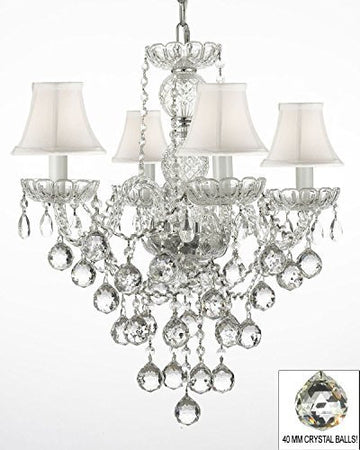 Swarovski Crystal Trimmed Chandelier New Authentic All Crystal Chandelier Lighting W/ 40Mm Crystal Balls And With White Shades H22" X W17" - J10-Whiteshades/B6/3/26098/4 Sw
