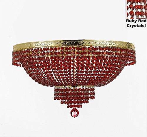 French Empire Semi Flush Crystal Chandelier Lighting - Dressed With Red Beads Color Crystals H18" X W24" - A500-B81/Flush/Cg/870/9
