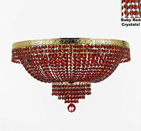 French Empire Semi Flush Crystal Chandelier Lighting - Dressed With Red Beads Color Crystals H18" X W24" - A500-B81/Flush/Cg/870/9