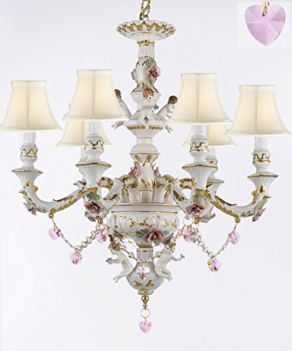 Authentic Capodimonte Porcelain Chandelier Lighting w/ Cherub Angels W/ Pink Hearts w/ white Shades Made in Italy Good for Dining Room, Kids & Girls Bedrooms 24K Gold Trimmed w/ Roses & Flowers - GB102-SC/WHITESHADES/B21/119/6