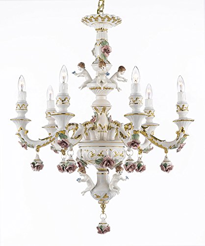 Authentic Capodimonte Porcelain Chandelier Lighting Chandeliers w/ Cherub Angels Made in Italy Good for Dining Room, Kids & Girls Bedrooms 24K Gold Trimmed w/ Roses & Flowers-Limited Stock Available - GB102-119/6