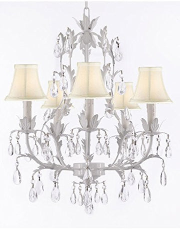White Wrought Iron Floral Chandelier Lighting Crystal Chandeliers With Shades - J10-Sc/Whiteshade/White/26016/5