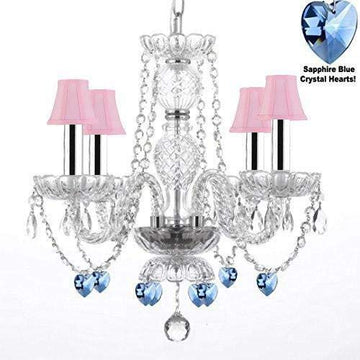 Chandelier Lighting W/Crystal Pink Shades & Hearts W/Chrome Sleeves! H 17" - Perfect for Kid's and Girls Bedroom! W 17" - J10-B43/B85/PINKSHADES/26098/4