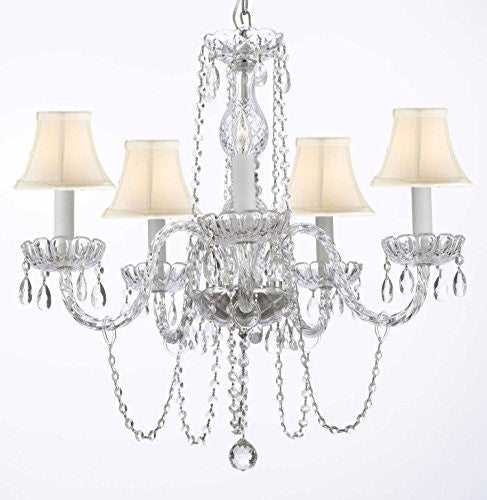 Murano Venetian Style All-Crystal Chandelier With White Shades H25" W24" - G46-Sc/Whiteshade/381/5