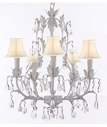 White Wrought Iron Floral Chandelier Lighting W/ Pink Stars And Shades - J10-Sc/Whiteshade/B38/White/26016/5