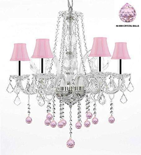 Crystal Chandelier Chandeliers Lighting with Pink Crystal Balls and Pink Shades w/Chrome Sleeves H25" x W24" - G46-B43/PINKSHADES/B76/385/5