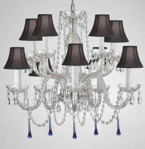 Murano Venetian Style All Crystal Chandelier Lighting W/ Blue Crystals H 25" X W 24" With Black Shade - G46-Sc/Blackshade/B33/1122/5+5