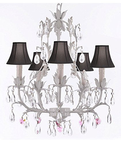 White Wrought Iron Floral Chandelier Lighting W/ Pink Hearts And Shades - J10-Sc/Blackshade/B21/White/26016/5