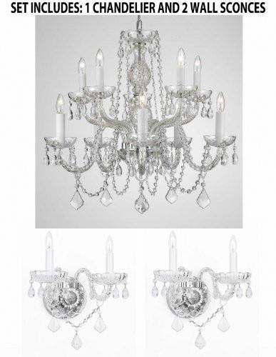 Set Of 3 - 1 Crystal Lighting Chandeliers H25" X W24" And 2 Murano Venetian Style Crystal Wall Sconce Lighting - 1Ea 1122/5+5 + 2Ea B12/2/386