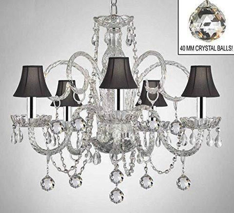 Swarovski Crystal Trimmed Chandelier! Crystal Chandelier With Black Shades & Crystal Balls w/Chrome Sleeves! - A46-B43/B6/BLACKSHADES/385/5 SW