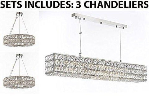 Set Of 3 - 2 Crystal Nimbus Ring Chandeliers Modern / Lighting Pendant 20" Wide And 1 Crystal Nimbus Linear Chandeliers Modern / Lighting Pendant 48.5" Wide - Good For Dining Room Foyer Entryway - 2 Ea Gb104-3063/8 + 1 Ea Gb104-3063/10