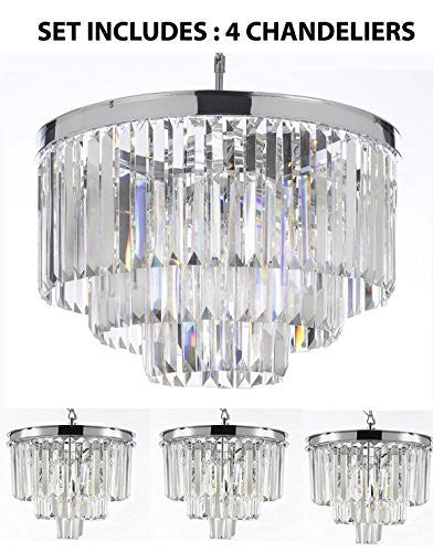 Set Of 4 Chandeliers: 1 Palladium Crystal Glass Fringe 3-Tier Chandelier H 21.50" W 19.75" + 3 Palladium Crystal Glass Fringe 3-Tier Chandeliers H 15" W 12" - Chandeliers Lighting Chrome Finish - 1Ea 2164/9+3Ea 26042/3