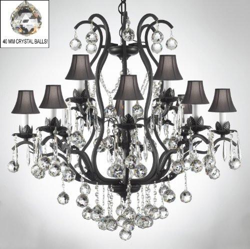 Wrought Iron Empress Crystal (Tm) Chandelier Lighting Dressed W/ Crystal Balls H36" W36" With Shades - A83-B6/Sc/3034/10+5-Blackshades