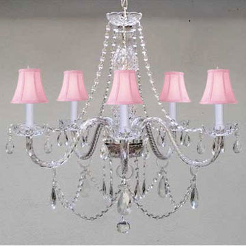 New Murano Venetial Style Authentic All Crystal Chandelier Lighting With Pink ShadesW24" X H25" - A46-Pinkshades/380/5