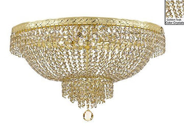 French Empire Semi Flush Crystal Chandelier Lighting - Dressed With Golden Teak Color Crystals H18" X W24" - A500-B78/Flush/Cg/870/9