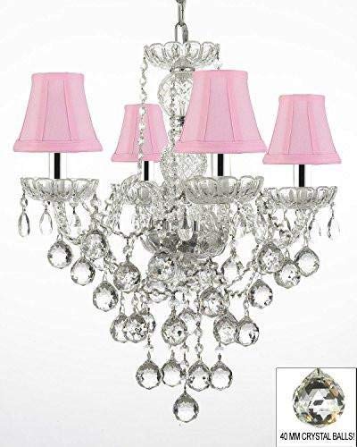 Authentic All Crystal Chandelier Chandeliers Lighting W/ 40mm Crystal Balls and with Pink Shades w/Chrome Sleeves H22" x W17" - J10-B43/PINKSHADES/B6/3/26098/4