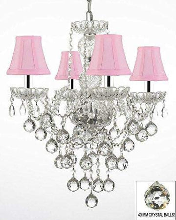 Swarovski Crystal Trimmed Chandelier! Authentic All Crystal Chandelier Chandeliers Lighting W/ 40MM Crystal Balls and with Pink Shades w/Chrome Sleeves! H22" X W17" - J10-B43/PINKSHADES/B6/3/26098/4 SW