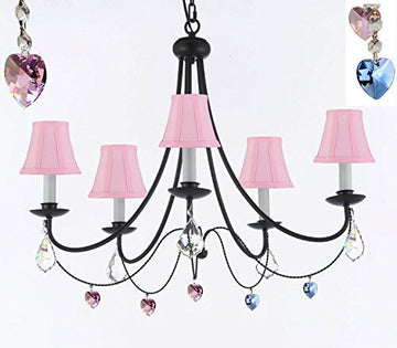 Empress Crystal (Tm) Wrought Iron Chandelier Lighting H22.5" X W26" With Pink Shades Swag Plug In-Chandelier W/ 14' Feet Of Hanging Chain And Wire With Blue And Pink Hearts - J10-B16/Sc/Pinkshades/B85/B21/26031/5