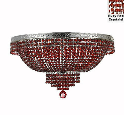 French Empire Semi Flush Crystal Chandelier Lighting - Dressed With Red Beads Color Crystals H18" X W24" - A500-B81/Flush/Cs/870/9