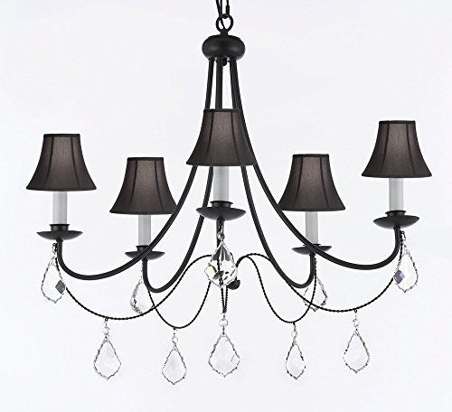 Empress Crystal (Tm) Wrought Iron Chandelier Lighting H.22.5" X W.26" With Black Shades - J10-Sc/Blackshades/B7/26031/5