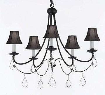 Empress Crystal (Tm) Wrought Iron Chandelier Lighting H.22.5" X W.26" With Black Shades - J10-Sc/Blackshades/B7/26031/5