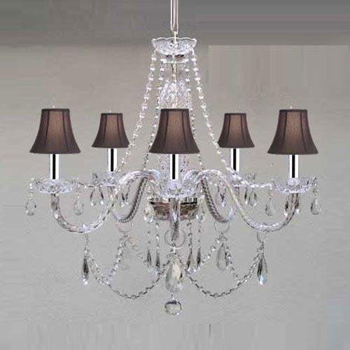 Swarovski Crystal Trimmed Chandelier! Murano Venetian Style Chandelier Lighting & Black Shades w/Chrome Sleeves! W24" X H25" - A46-B43/BLACKSHADES/380/5SW GTC