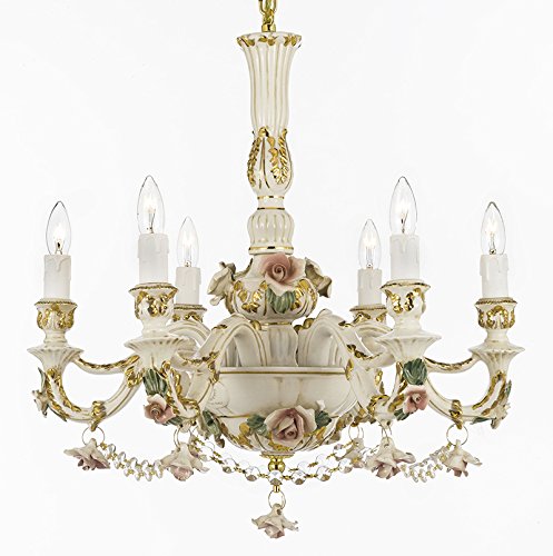 Authentic Capodimonte Porcelain Chandelier Lighting Chandeliers Cottage Chic Made in Italy, Good for Dining Room, Kids & Girls Bedrooms 24K Gold Trimmed w/ Roses & Flowers Dressed w/ Crystals - GB102-B52/435/6