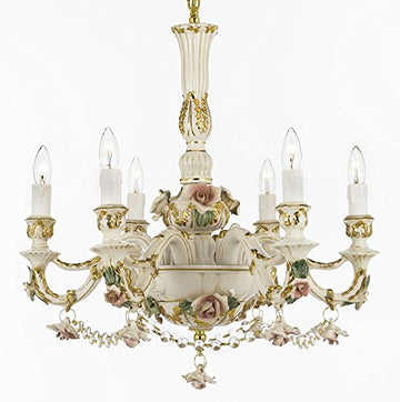 Authentic Capodimonte Porcelain Chandelier Lighting Chandeliers Cottage Chic Made in Italy, Good for Dining Room, Kids & Girls Bedrooms 24K Gold Trimmed w/ Roses & Flowers Dressed w/ Crystals - GB102-B52/435/6