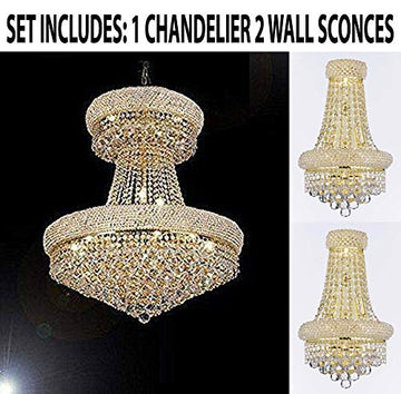 Set of 3-1 French Empire Crystal Chandelier Chandeliers H32 x W30 and 2 Empire Empress Crystal(tm) Wall Sconce Lighting W 12" H 17" - B92/CG/541/24 + C121-1800W12SG A500-
