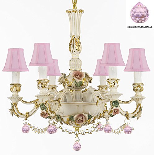 Authentic Capodimonte Porcelain Chandelier Lighting Chandeliers Cottage Chic Made in Italy, Trimmed w/ Roses & Flowers Dressed w/ Crystals and Balls With Pink Shades - GB102-SC/PINKSHADE/B52/B76/435/6